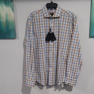 Bugatchi Shaped Fit Plaid Button-Down Shirt - White, Blue & Brown